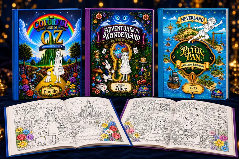 Personalized Oz, Wonderland and Peter Pan coloring books with two books open to their coloring pages